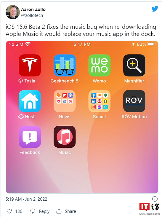 苹果 iOS 15.6 Beta 2 修复“Apple Music 从商店下载后替换 Dock 栏其他 App”Bug - 1