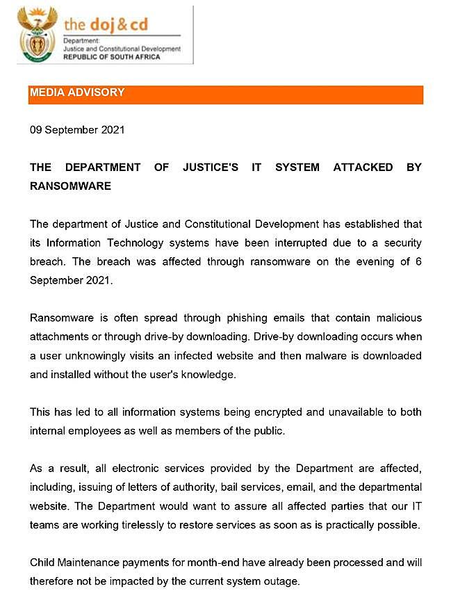 南非司法部网络系统遭到黑客攻击陷入瘫痪 - 1