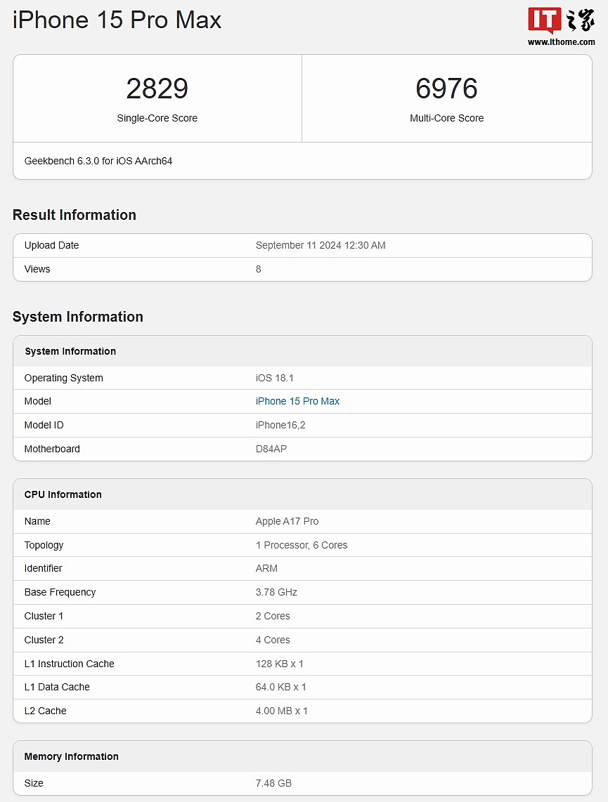 苹果 iPhone 16 Pro 系列“正常”跑分出炉：A18 Pro 单核 3409 分、多核 8492 分 - 5