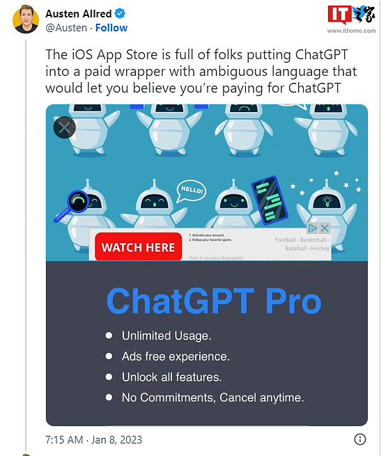假冒 ChatGPT 曾现身苹果 App Store 并在排行榜上飙升：每周 7.99 美元订阅费，现已被删除下架 - 1
