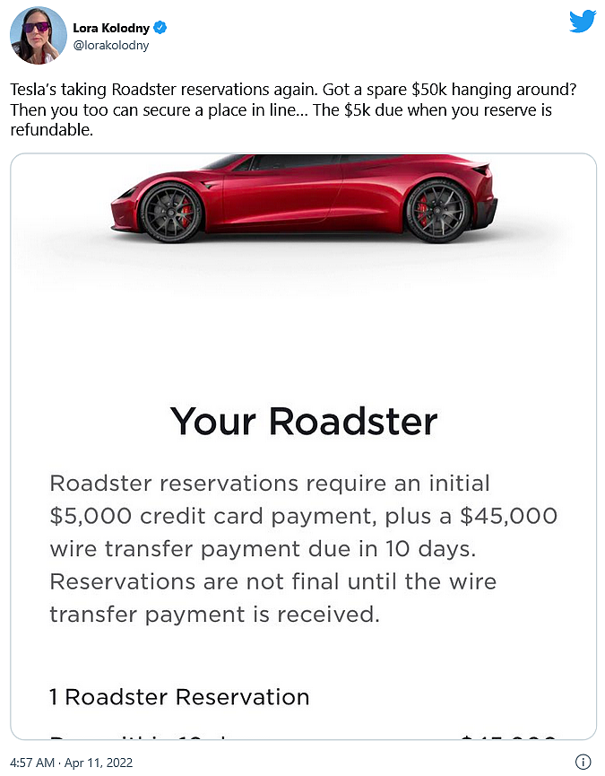 特斯拉重新开放Roadster预订，需要5万美元押金 - 2