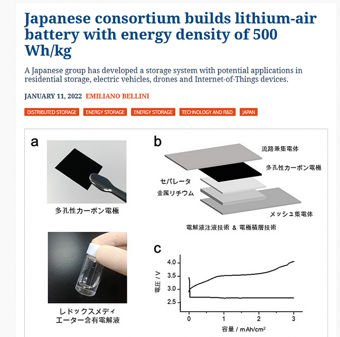 日本研究人员开发能量密度为500 Wh/kg的锂空气电池 - 1