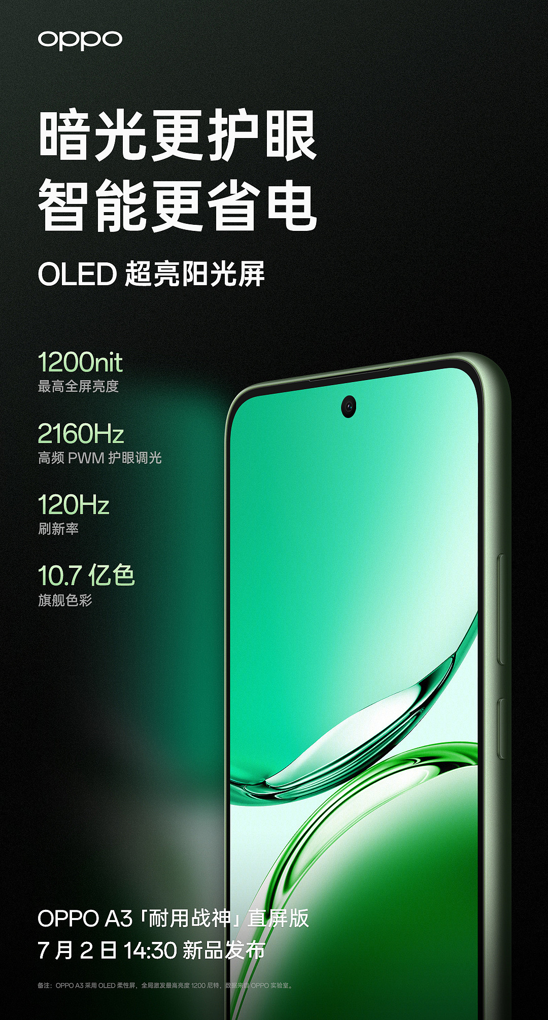 OPPO A3 手机直屏版预热：1200nit“OLED 阳光屏”、支持耐高温特性 - 3