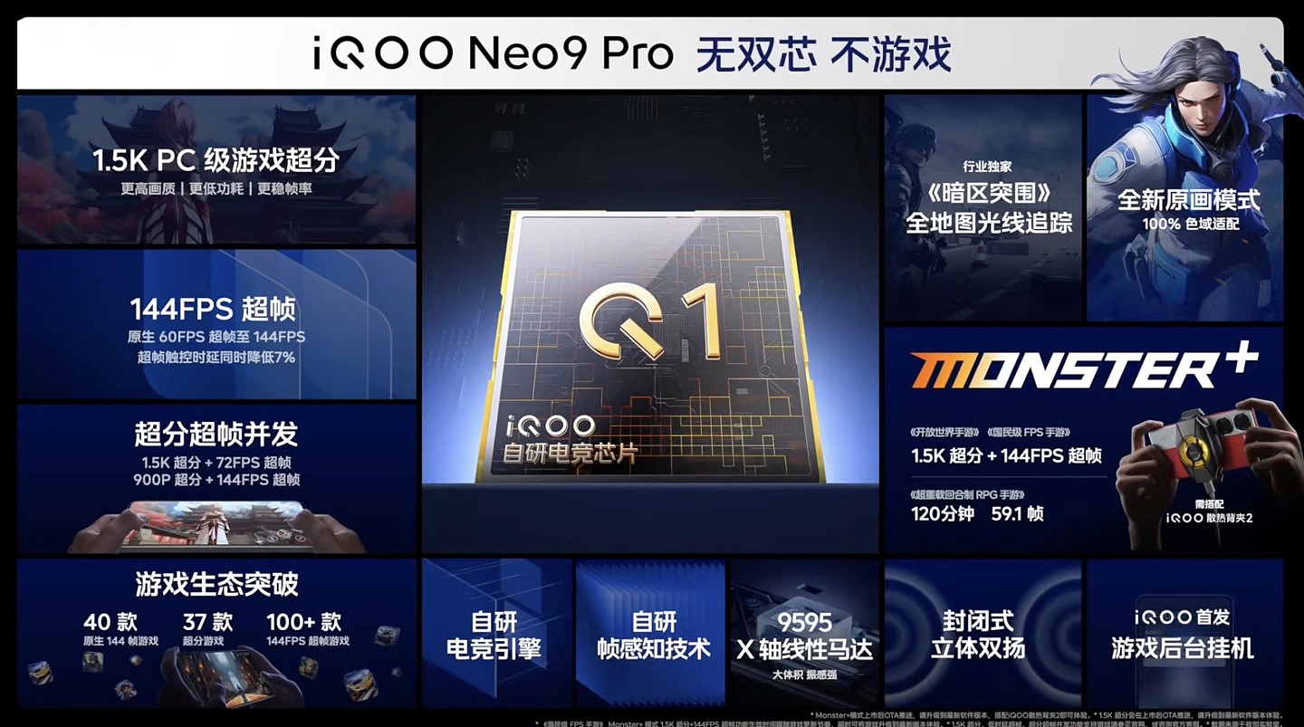 iQOO Neo9 系列手机配备“Q1 自研电竞芯片”：支持 100 + 游戏及视频平台“1.5K 超分”“144FPS 超帧” - 1