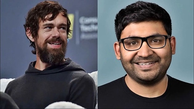 Twitter 联合创始人 Jack Dorsey（左） 和 CEO Parag Agrawal（右）