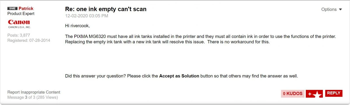 佳能被控在打印机缺墨时人为禁用扫描和传真功能 - 1