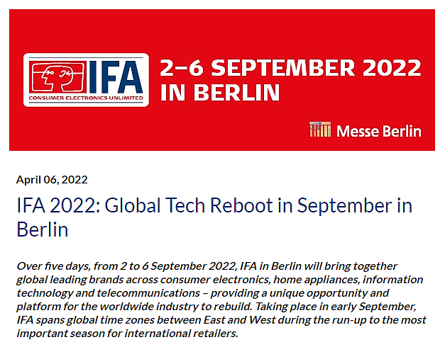 IFA 2022：柏林消费电子展将于9月重返线下 - 1