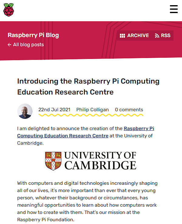 树莓派宣布与剑桥大学合作成立RPCERC计算教育研究中心 - 1