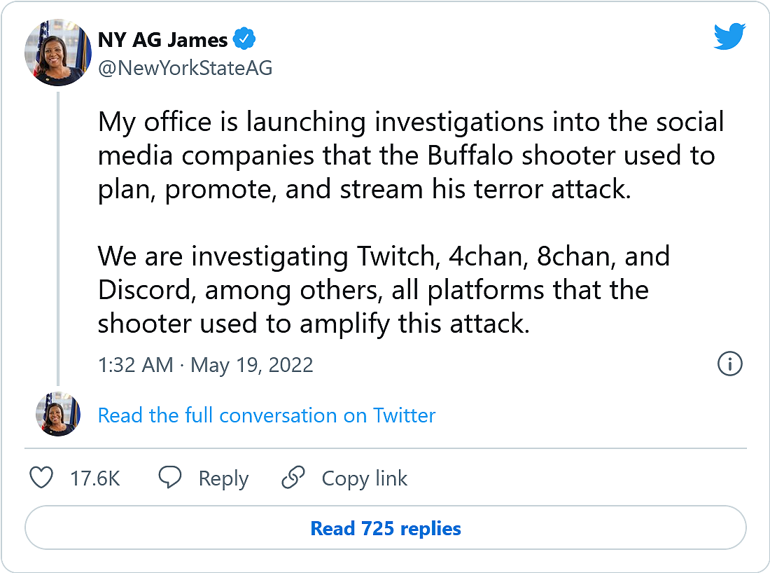 纽约总检察长正就水牛城枪击案对Twitch、Discord和4chan展开调查 - 1