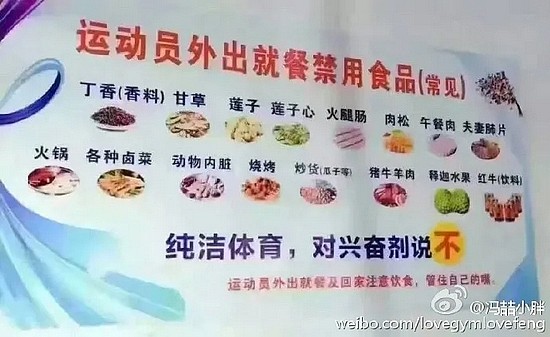 运动员冯喆之前发布的运动员外出不能吃的食物的图片 来源丨微博