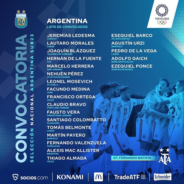 阿根廷奥运会名单：内乌恩、阿尔马达、德拉维加、盖奇领衔