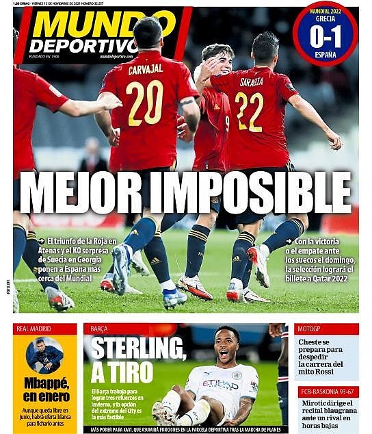 西甲今日头版：西班牙距世界杯只差一步 巴萨引进斯特林最可行 - 3