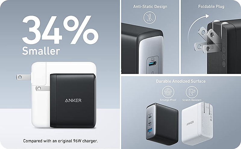 491 元，Anker 安克新款 100W 氮化镓 GaN 充电器开售：三个 USB 端口，尺寸比苹果 96W 充电器小 34% - 1