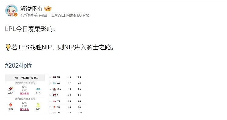 解说怀南发布今日赛果影响：若TES战胜NIP，NIP进入骑士之路 - 1