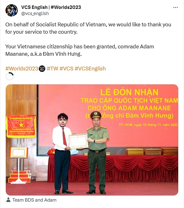 VCS官推整活：感谢BDS上单Adam做出的贡献并授予其越南国籍！ - 2