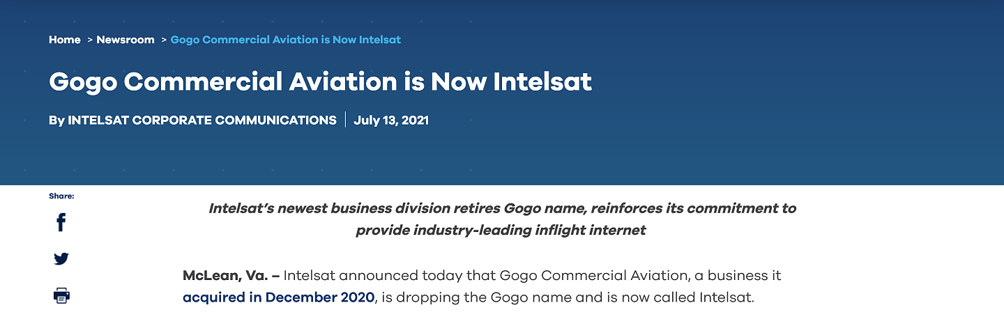 Gogo消费者版块服务更名为Intelsat - 1