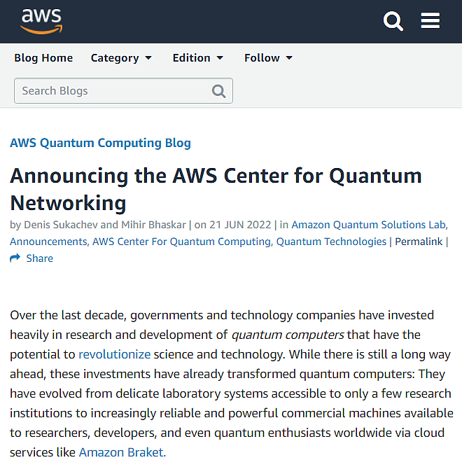 亚马逊宣布启动AWS量子网络中心研究项目 - 1