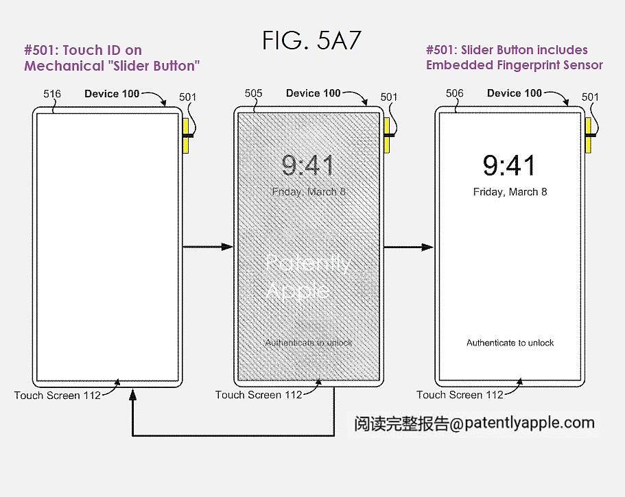苹果新 iPhone 专利获批：右侧 / 顶部引入 Touch ID 指纹识别滑块按钮 - 2