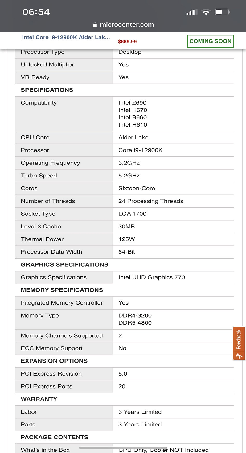 国外电商曝光部分英特尔 12 代处理器规格及售价，i9-12900K 售价 669.99 美元 - 2