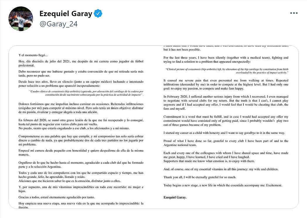 官方：34岁前阿根廷国脚中卫加雷因伤退役 - 2