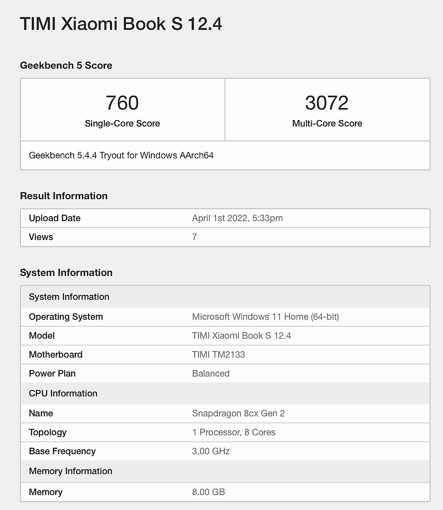 小米测试新款 Xiaomi Book S 12.4 笔记本，搭载骁龙 8cx/ 8cx Gen 2 - 1