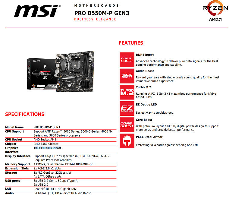 MSI B550M-P Gen3 主板规格表