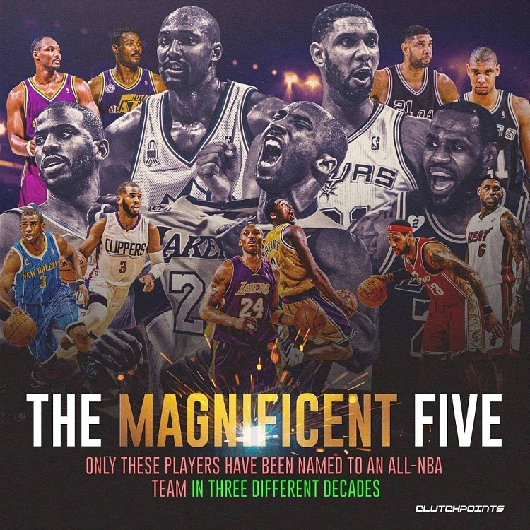 NBA历史仅5人在三个年代均入选最佳阵容：保罗科比詹姆斯马龙邓肯 - 1