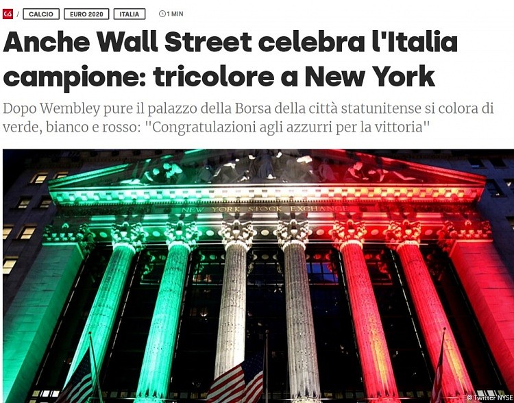 美国华尔街祝贺意大利夺冠，纽约证券交易所点亮灯光秀