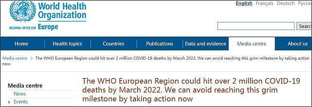 世卫组织警告：新冠已成欧洲头号死因，明年春天死亡人数或超220万 - 1