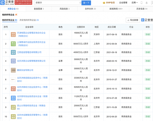 俞敏洪回应新东方股价跌破1美元 企查查显示其名下公司83家 - 4