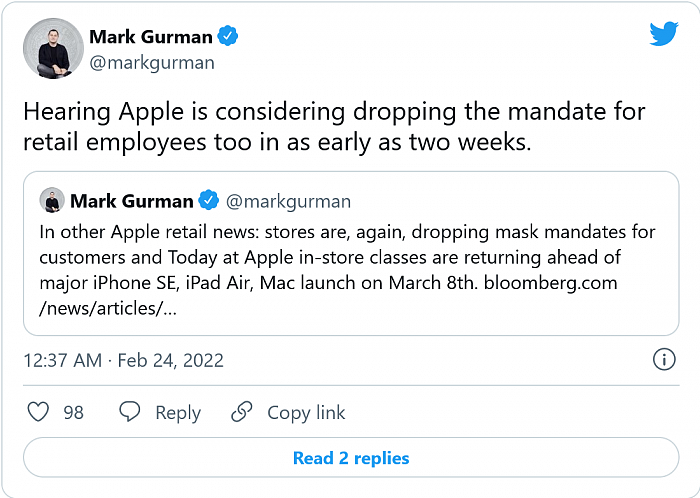 苹果正在考虑取消对苹果零售店员工佩戴口罩的要求 - 2
