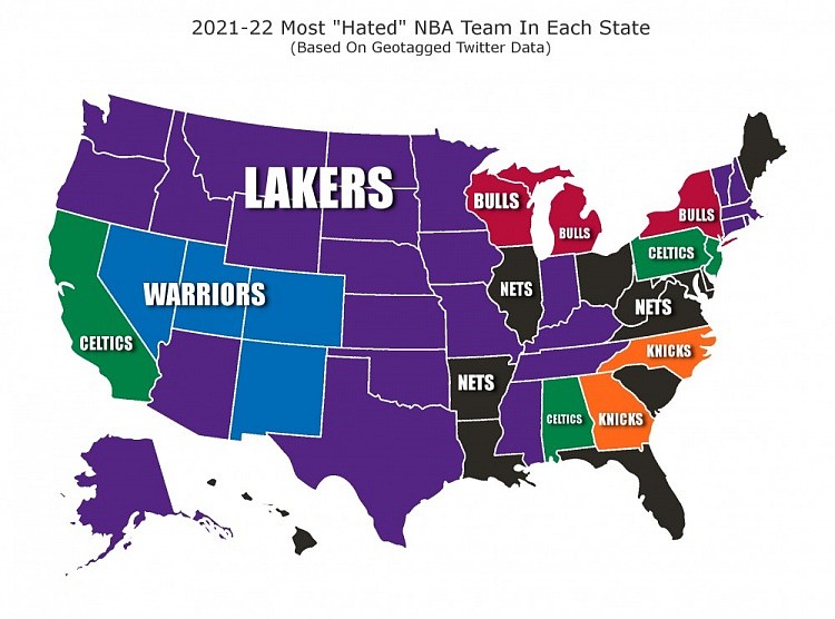 美国各州最讨厌的NBA球队：湖人居首 篮网&勇士紧随其后 - 1