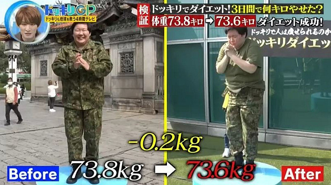 沒想到最後量體重完，發現やす子（Yasuko）爬樓梯3天只瘦200公克。（圖／摘自節目《芸能人が本気で考えた！ドッキリＧＰ》）