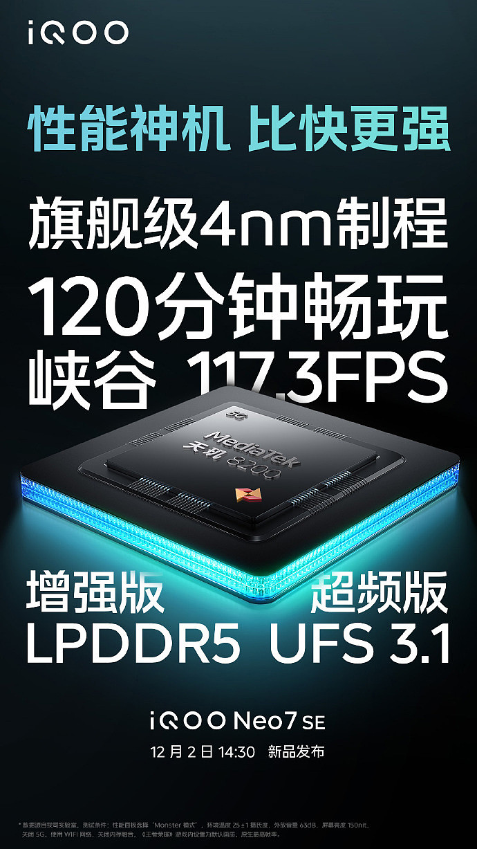 不止天玑 8200，iQOO Neo7 SE 确认配备增强版 LPDDR5 与超频版 UFS3.1 - 1