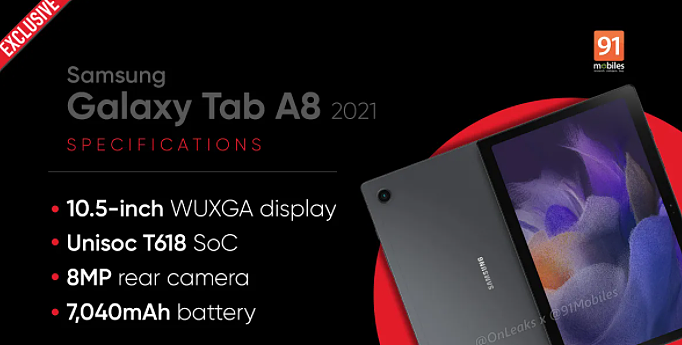 三星 Galaxy Tab A8 2021 详细规格曝光：紫光展锐 T618 芯片，约 1664 元 - 2