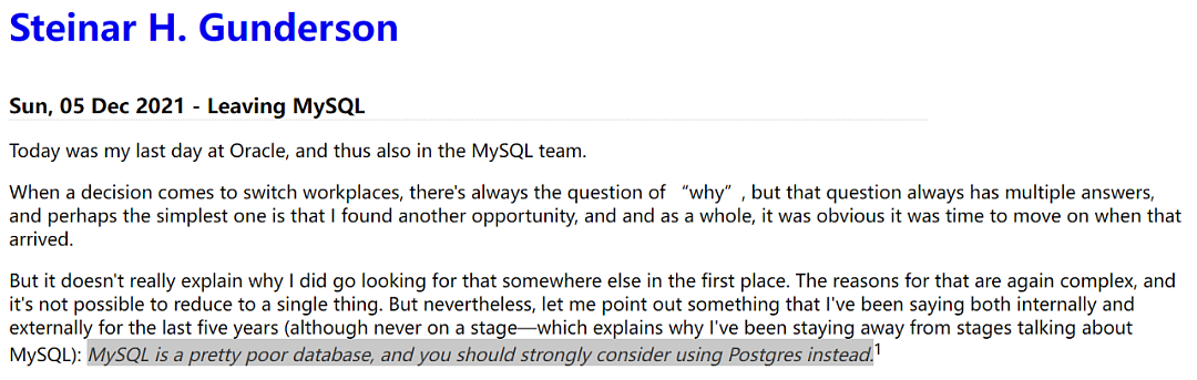 Oracle工程师离职并回踩：MySQL糟糕透顶，强烈推荐PostgreSQL - 1