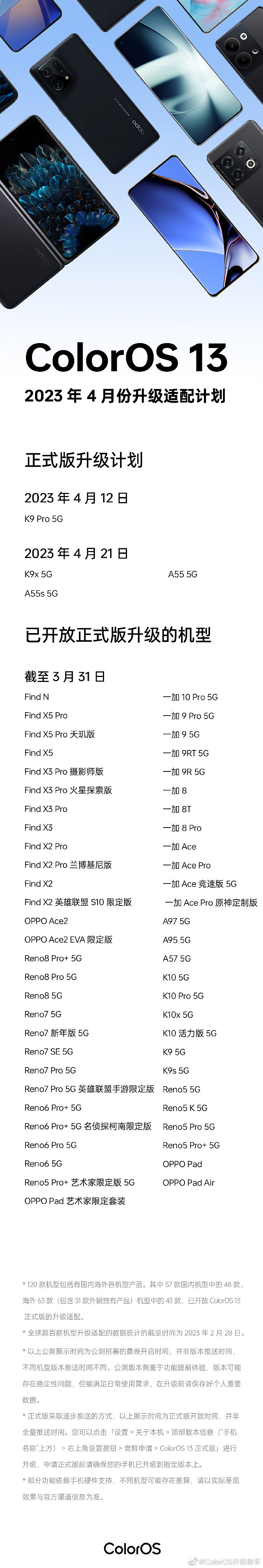 OPPO ColorOS 13 系统 4 月升级适配计划发布，涉及 K9 Pro、K9x 等多款机型 - 2