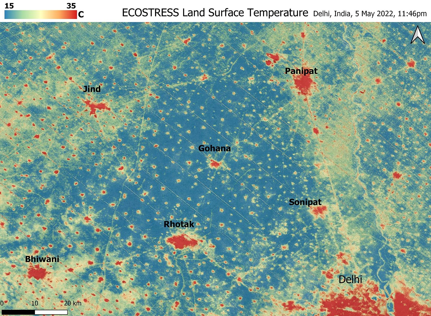 美国NASA的ECOSTRESS实验仪器探测到了印度次大陆炙热的