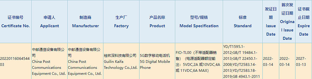 中邮通信 5G 新机通过国家 3C 质量认证：不带充电器销售，支持 66W 快充 - 1