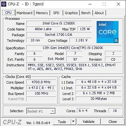 [图]英特尔酷睿i5-12600K Alder Lake-S处理器CPU-Z信息曝光 - 1