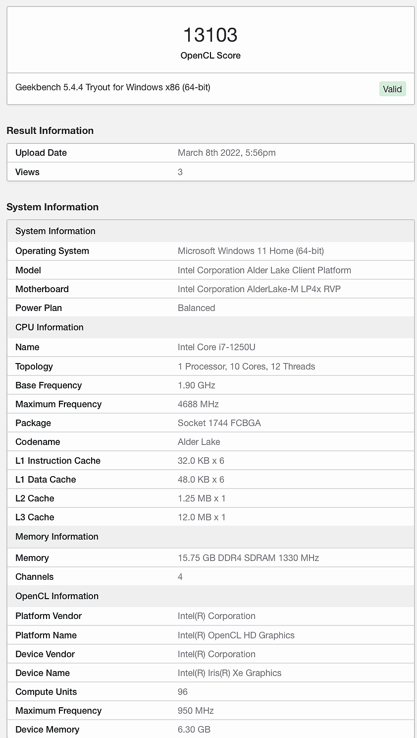 英特尔 12 代酷睿 9W 处理器 i7-1250U 现身，10 核 12 线程 - 1