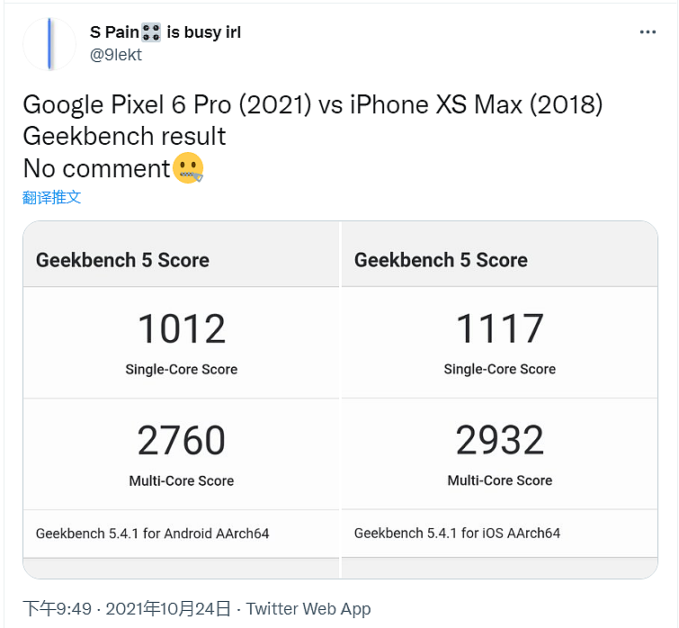 谷歌 Pixel 6 Pro Tensor 性能跑分测试，仍赶不上苹果 A12 芯片 - 2