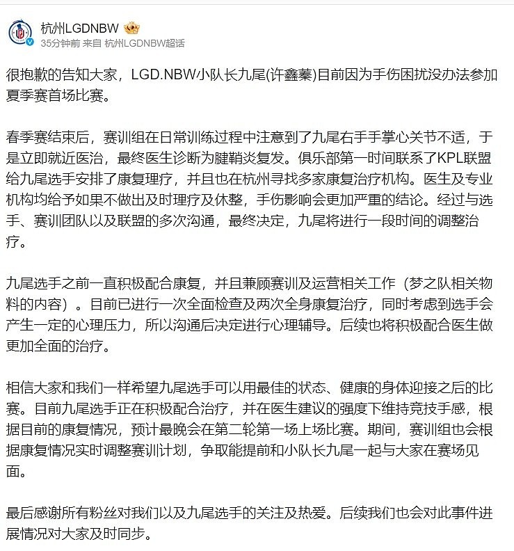 杭州LGD官方：九尾选手因手伤困扰无法参加夏季赛首场比赛 - 2