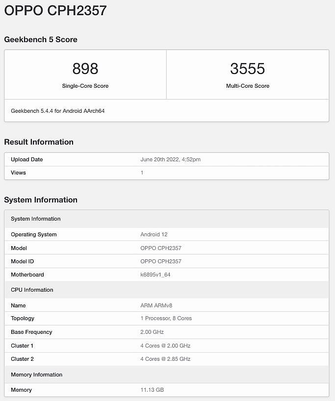 Geekbench曝光印度版OPPO Reno8 Pro 5G 采用天玑8100 Max芯片组 - 2