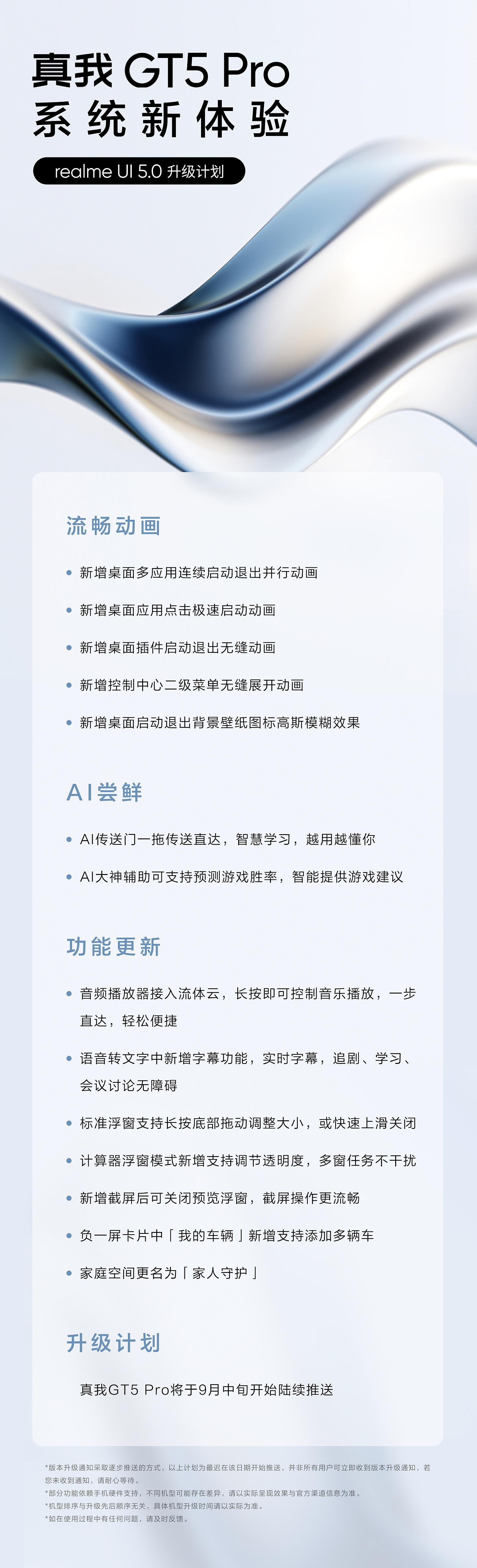 真我 GT5 Pro 手机 realme UI 5.0 升级计划公布：新增多项系统动画、音频播放器接入流体云， 9 月中旬推送 - 2