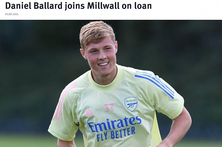 官方：阿森纳21岁中卫巴拉德租借加盟英冠球队米尔沃尔 - 1