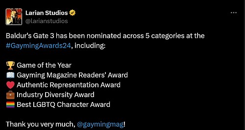 《博德之门3》获年度同性恋游戏大奖多个提名：拉瑞安发文致谢 - 3