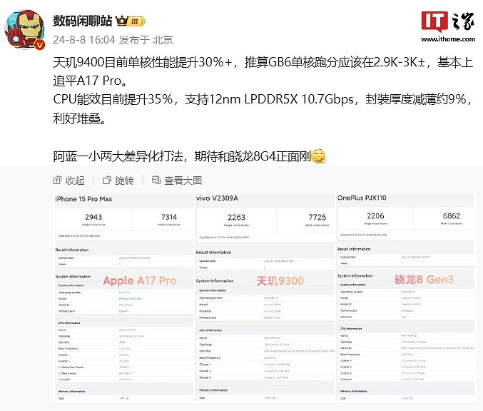 消息称天玑 9400 单核性能提升 30％+，GB6 单核跑分基本追平苹果 A17 Pro - 1