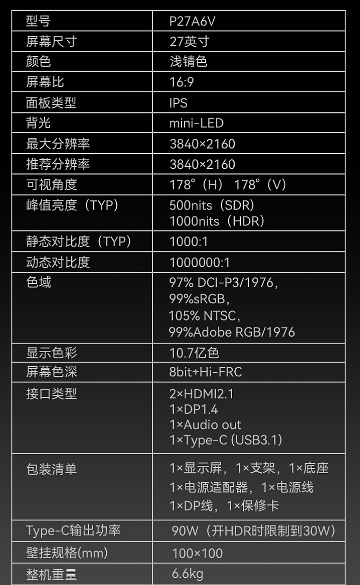 1152 分区 mini-LED：泰坦军团 27 英寸显示器 3999 元 6 期免息 - 3