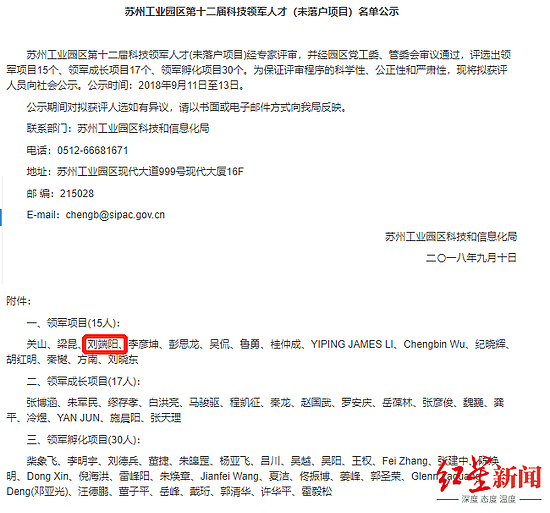 ▲苏州工业园区第十二届科技领军人才（非落户项目）名单公示中出现刘端阳